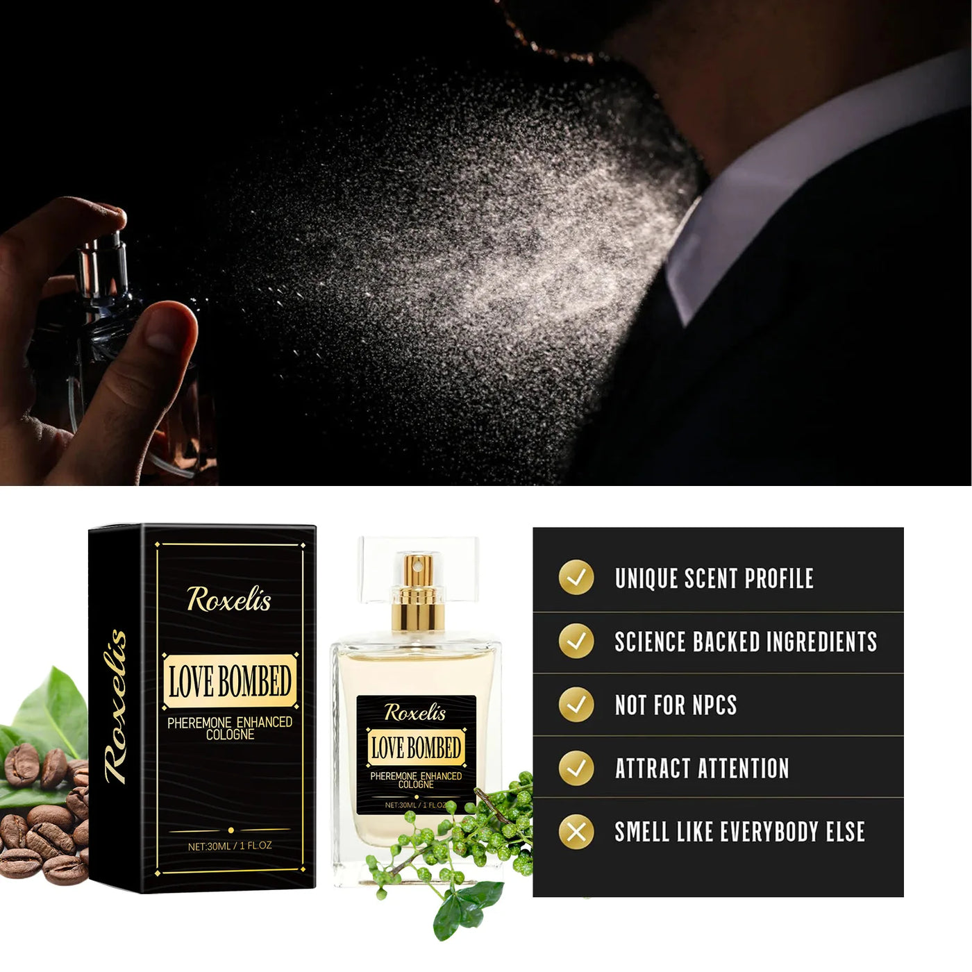 Roxelis 30ml Lasting Pheromone Perfume Men Cologne Fragrance Spray Business Gentleman Fresh Charm Flirting Scent Dating Perfume